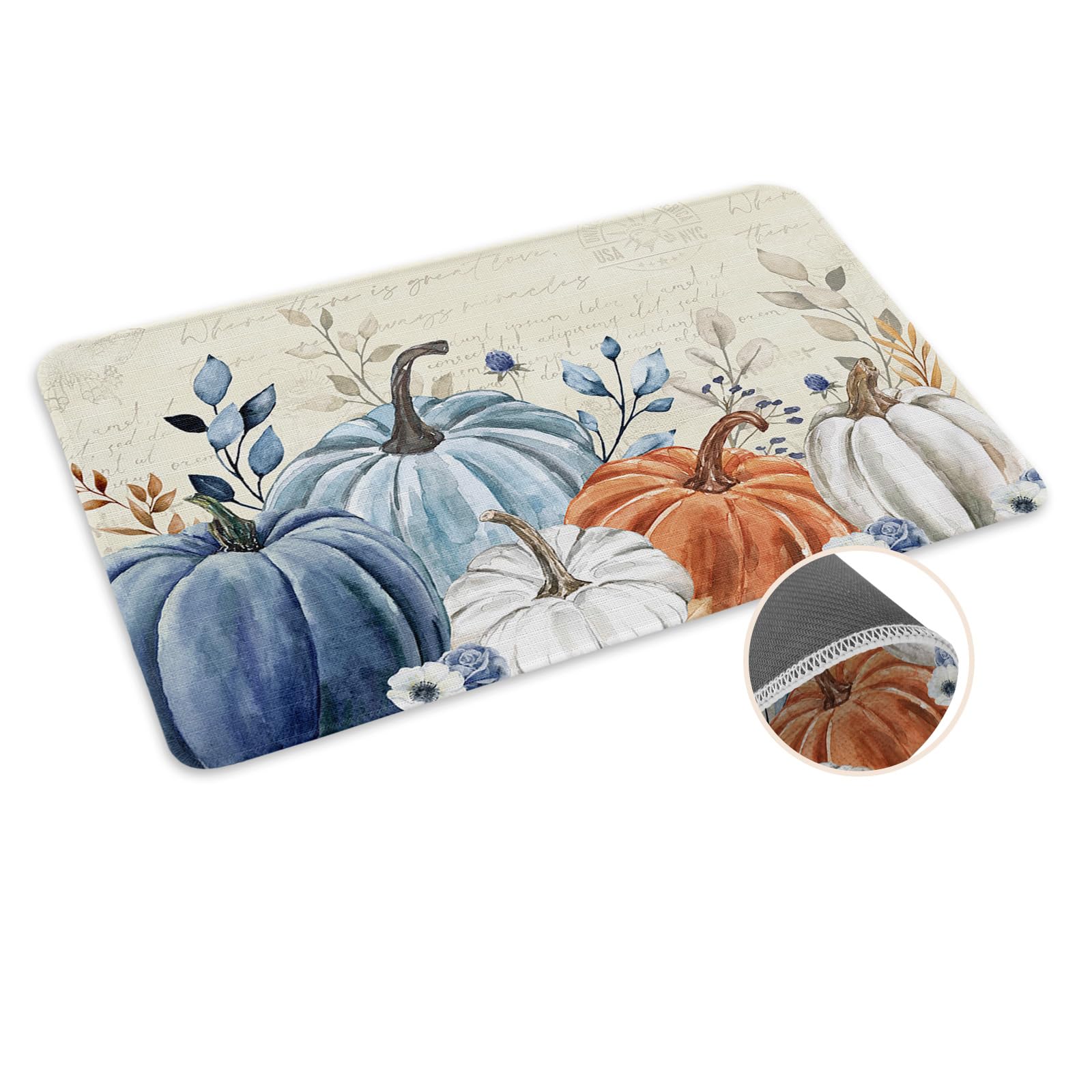 Photo 1 of Fall Door Mat Blue Pumpkin Doormat Eucalyptus Leaves Harvest Thanksgiving Welcome Mat Non Slip Rubber Entryway Front Rug Floor Mat for Indoor Outdoor Kitchen Autumn Holiday Home Decor 18x30 Inch