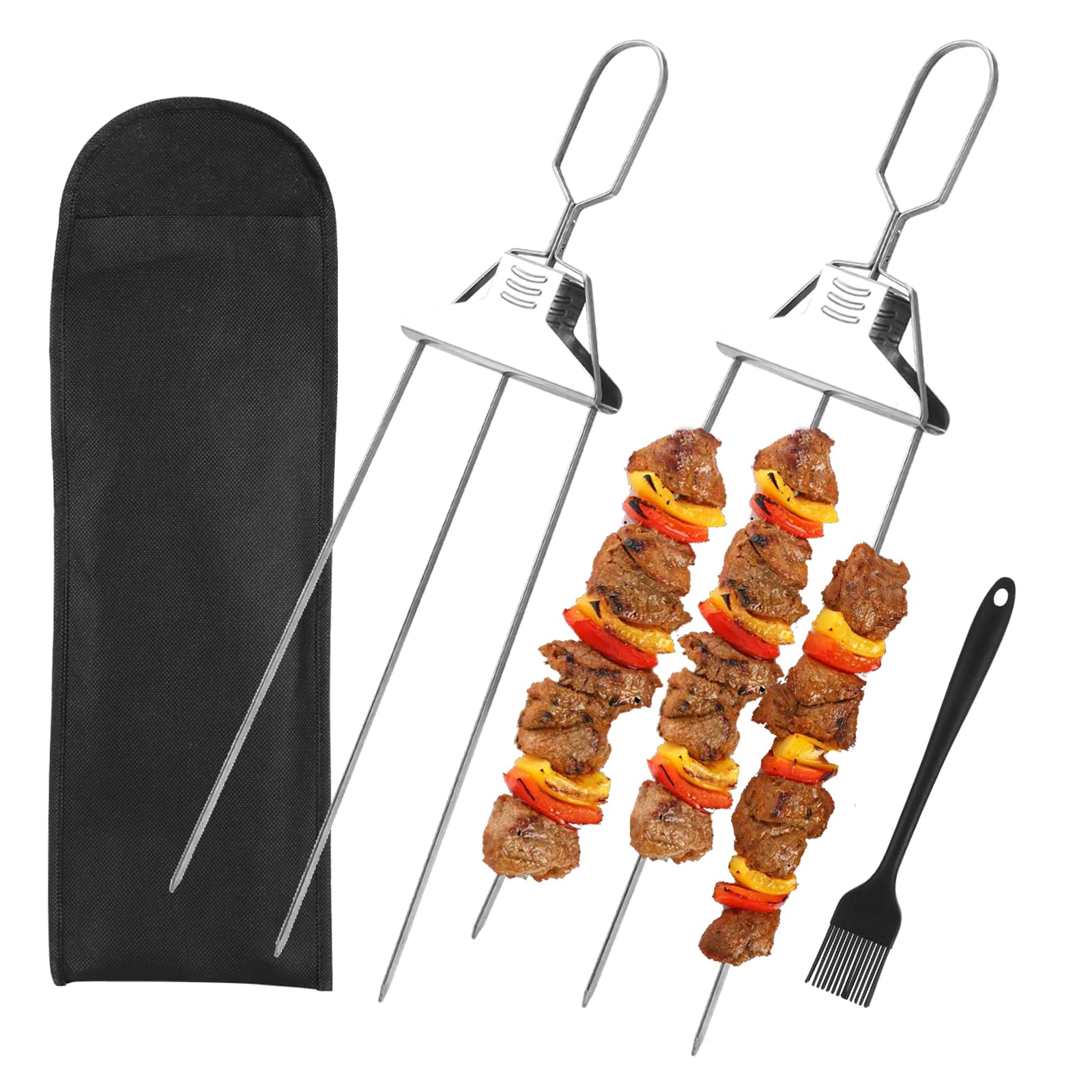 3 Way Metal Skewers, 2Pcs Stainless Steel Grill Skewers with Brush & Storage Bag, Easy to Use Push Rod Slider
