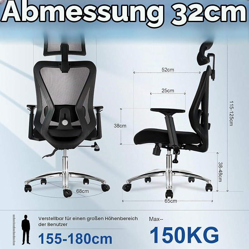 Bürostuhl Ergonomisch, Bürostuhl mit Lendenstütze Verstellbarer Kopfstütze und Armlehnen, 3-stufige Neigungsverriegelung, Rückenfreundlicher Schreibtischstuhl bis 150KG für Büro und Homeoffice