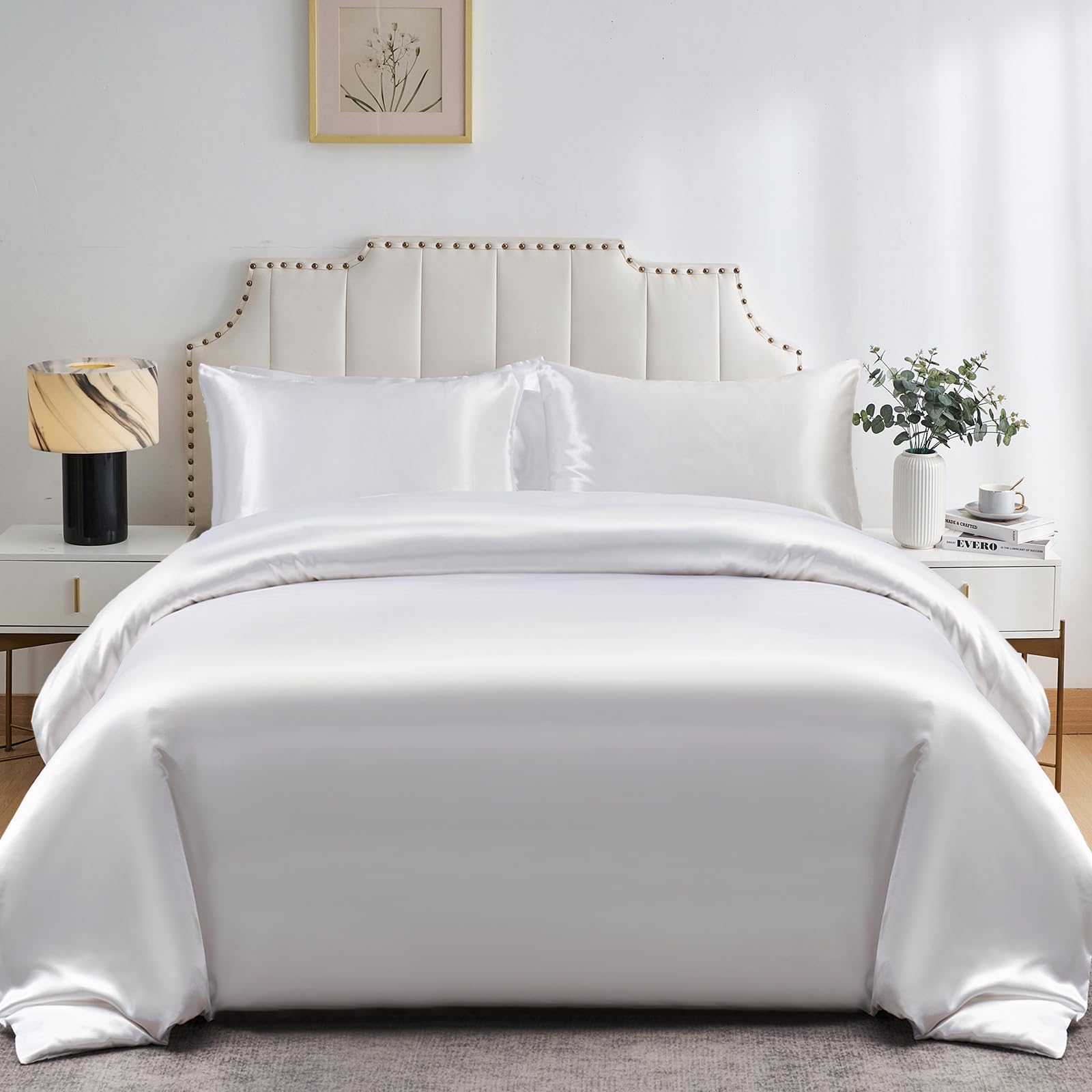 DuShow Satin Duvet Cover Set White Double,Soft Silky Duvet Cover And 2 Pillowcase Set,Lightweight Cooling Comforter Cover Set(White,Double) — image 1