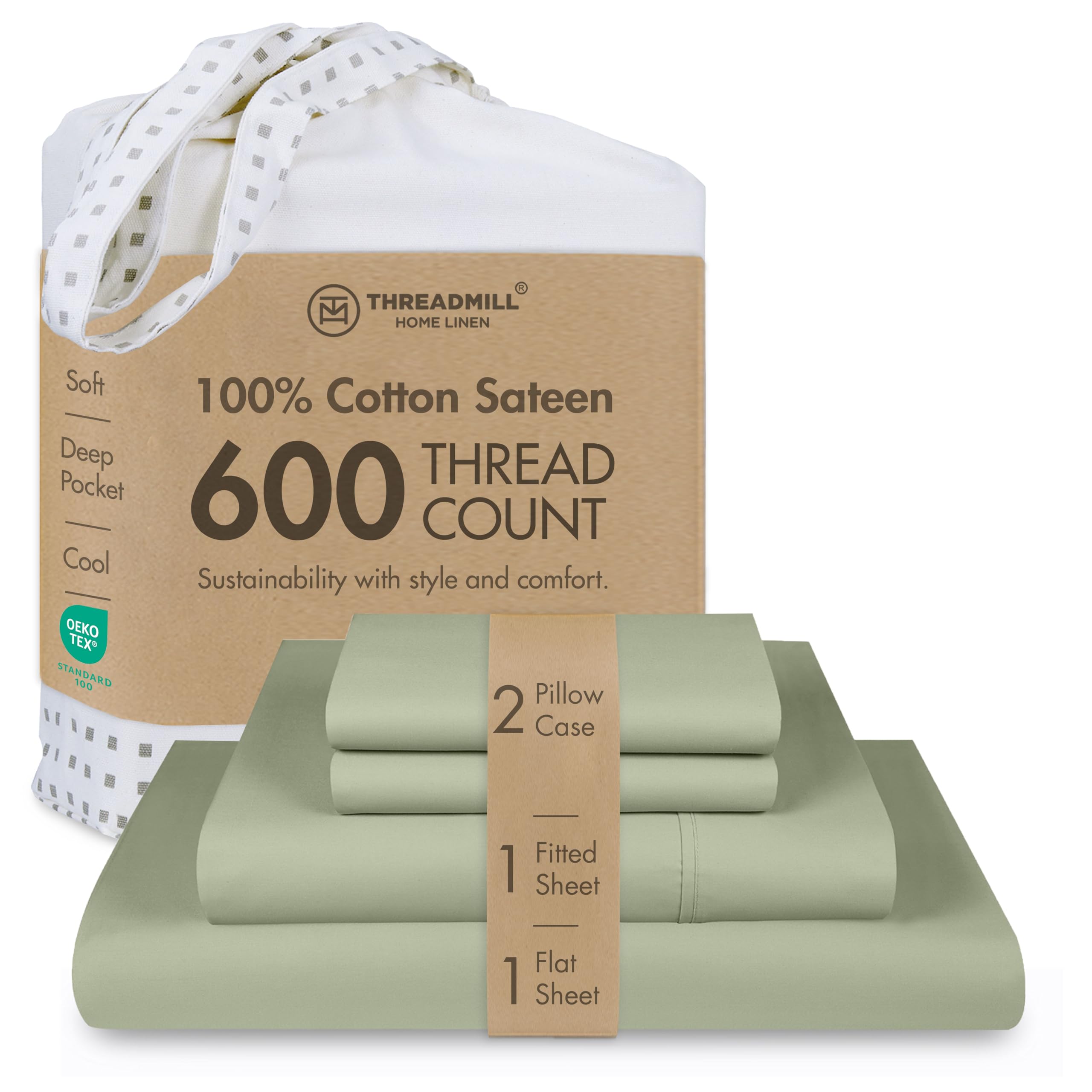 Photo 1 of ***SIMILAR ITEM*** Threadmill 100% Cotton Sheets for Queen Size Bed - 600 Thread Count Queen Bed Sheets Set with 16” Deep Pocket - Sateen Weave 4-Piece Bedding Set with Cooling Effect, Sage Green