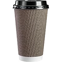 GUSTO [16 oz. - 50 Sets] Insulated Brown Patterned Ripple Paper Hot Coffee Cups with Lids (Lids Color May Vary) - Ideal for H