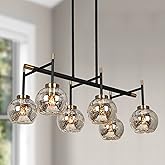 KSANA Dining Room Light Fixture, Modern Metal Black Gold Chandelier for Kitchen Island with Mercury Glass Shades, 27.5"
