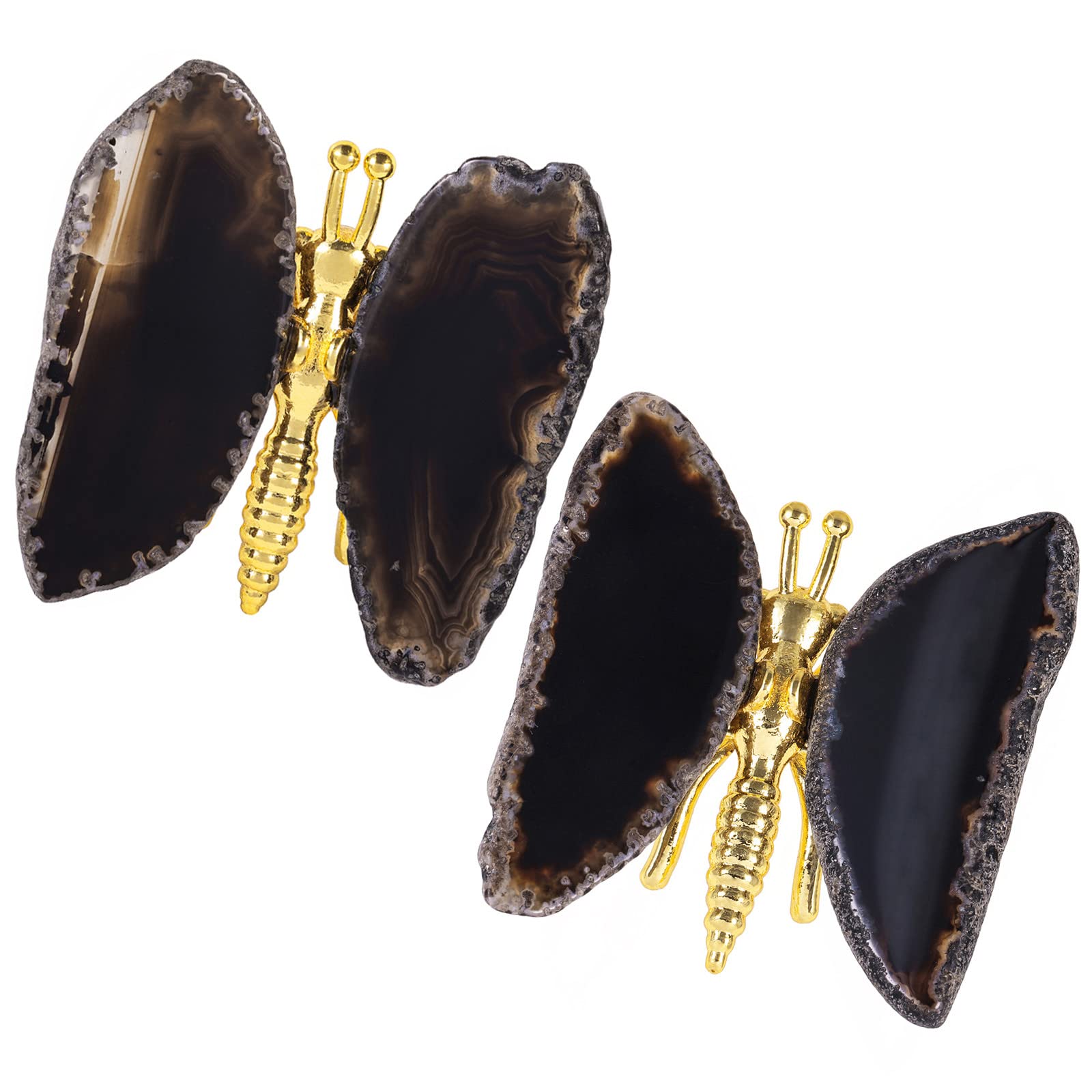 Nupuyai 2pcs Black Agate Slice Butterfly Statue Decorative Ornament Set of 2, Crystal Stone Butterfly Figurine for Home Office Desktop Car Decor