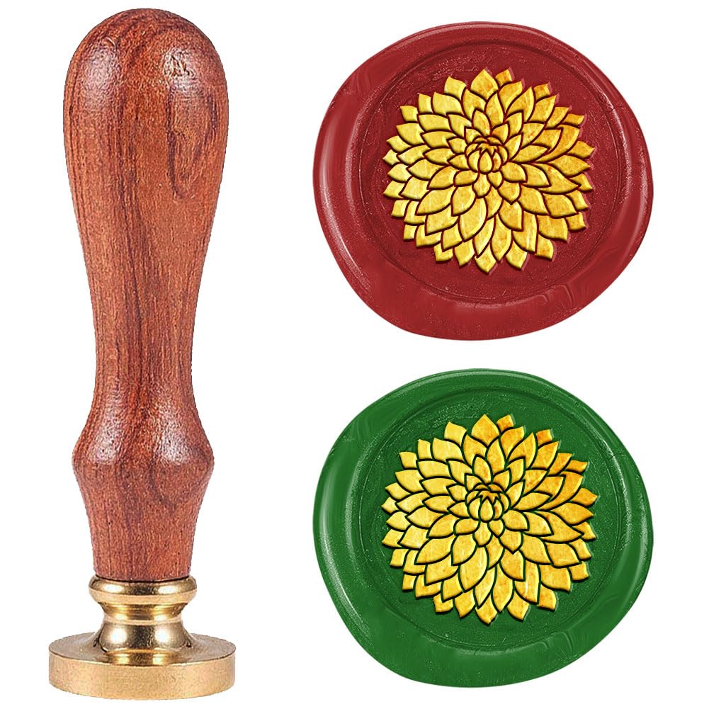 DELORIGIN Dahlia Wax Seal Stamp, 1" Retro Sealing Stamps Removable Brass Head with Wooden Handle Seal Stamp Flower Sealing Wax for Envelope Greeting Card Gift Wedding Engagement Party Invitation