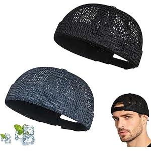 2 Pack Men’s Breathable Brimless Docker Hat, Adjustable Lightweight Mesh Skull Cap for Summer Outdoor Wear (Black+Blue)