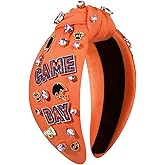 Football Headband for Women Football Accessories Beaded Football Rhinestone Crystal Knotted Headband Jeweled Embellished Game Day Top Knot Hairband Football Mom Hair Accessories (D-Orange Blue)