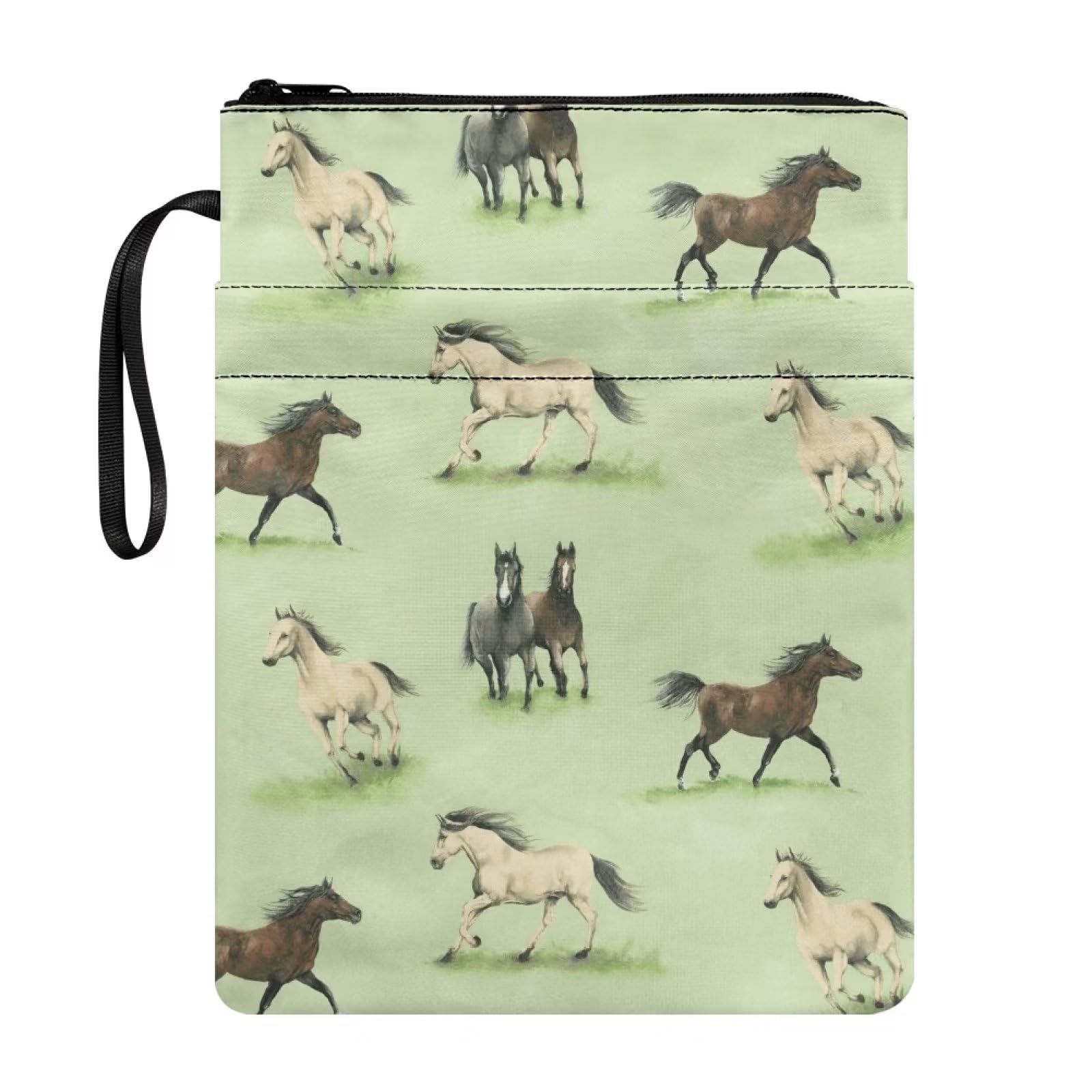 NETILGEN Horse Green Book Sleeve Cover with Zipper Reusable Book Protector Paperback Book Cover Washable Fabric Book Pouch Cover with Pocket, 11.4" x 8.7"