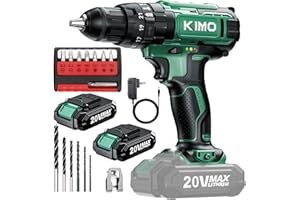 K I M O. KIMO Hammer Drill - 20V 2X Battery Hammer Drill Cordless Drill Set, 350 In-lb Torque, 3/8" Keyless Chuck, 1350 RPM, 21+3 Position,14pcs Drill/Driver Bits, Power Drill Drivers for Concrete Brick Wall
