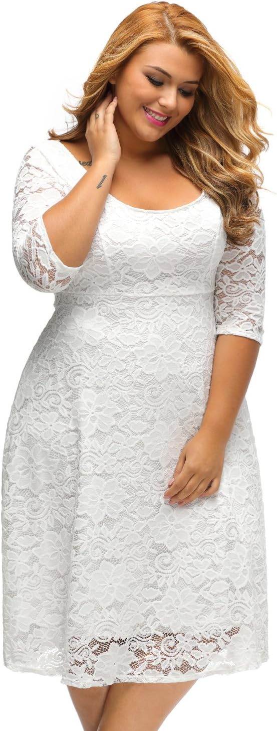 Lace Flowers Plus Size Scoop Neck Skater Dress Party Dress Cocktail Dresses