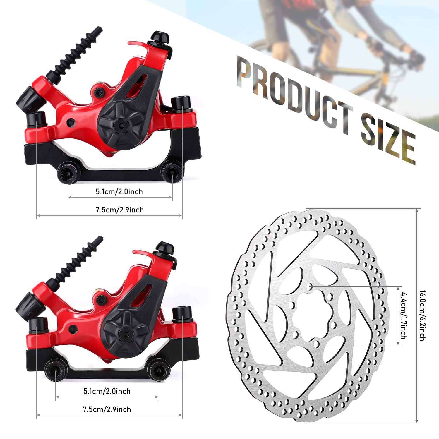 TOBWOLF 1 Pair Mechanical Disc Brake Kit, MTB Front & Rear Disc Brake Caliper with 160mm Rotor, Dual Piston Mechanical Disc Brake Set, Bicycle Accessories for Mountain Bike, Road Bike, BMX - Red