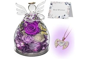 EIGHTOWN Preserved Purple Flowers in Angel Glass dome - Fresh Enternal Flowers with Angel Necklace for Delivery Prime - Glass Rose Flowers with Butterfly LED Light Mothers Day Birthday Gift for Women (Purple)
