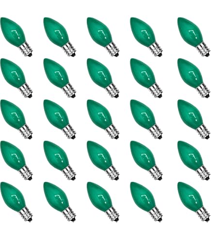 25 Pack C7 Opaque Green LED Christmas Light Bulbs - Smooth Finish, Dimmable, 120V For Indoor/Outdoor Use