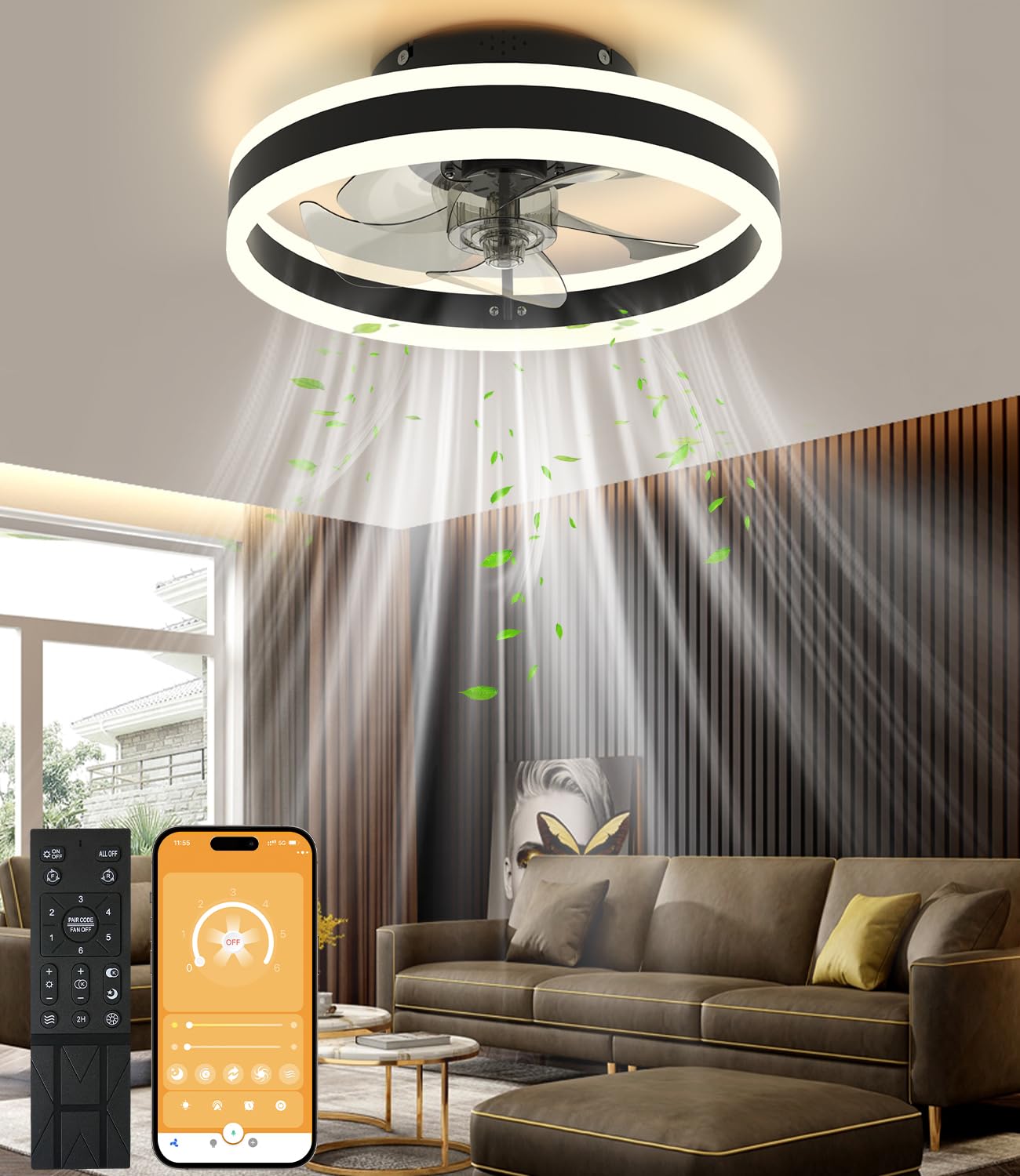 Ceiling Fan, LED Ceiling Fan with Lighting, 3 Colour Temperatures and 6 Speeds Ceiling Fan with Lamp, Remote Control, Quiet Dimmable Fan Ceiling Light
