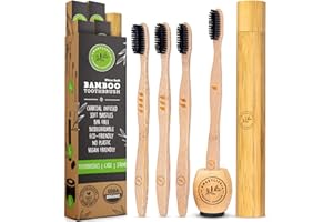 SMARTLIFECO Bamboo Charcoal Toothbrushes (4 Pack) with Travel Case & Stand - Extra Soft Bristles for Adults & Kids Teeth | Organic Zero Waste Travel Toothbrush Kit | Natural Eco-Friendly Wooden Brush Holder Cover