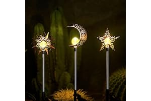 Tryme Solar Lights Outdoor Garden Decorations Sun Moon Star Stake Light Decorative Waterproof Warm White LED Yard Decor for Pathway Lawn Patio Courtyard Backyard