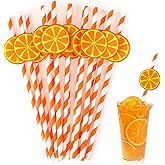 Disposable Lemon Straws, Cute Oange Striped Patterned Drinking Straws Paper Straw for Cocktail, Milkshake, Coffee, Lemonade Stand Supplies Lemon Themed Party Supplies - Set of 30
