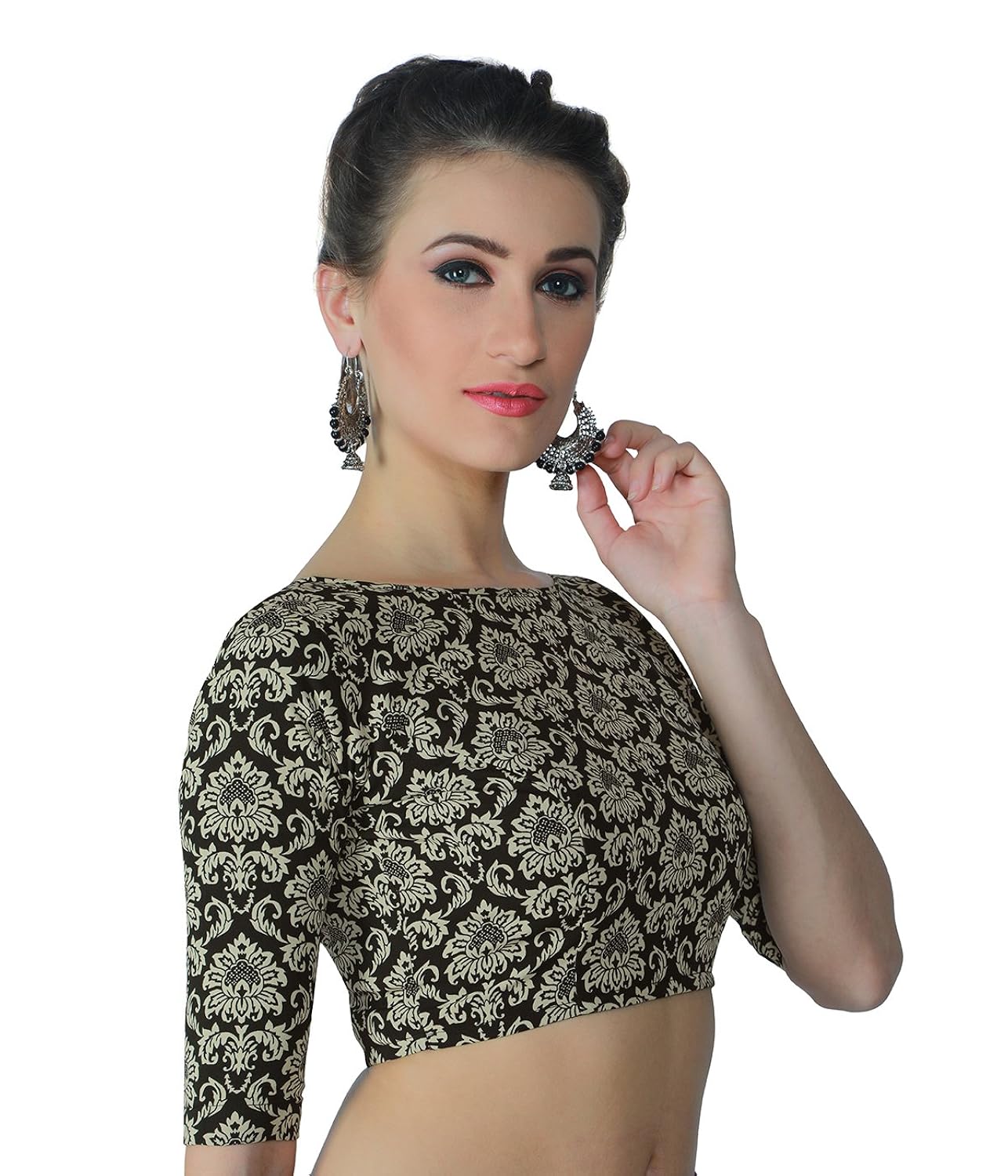studio shringaar women's moghul print readymade saree blouse with elbow length sleeves