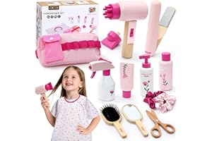 Toyssa Wooden Hair Salon Toys for Girls 3 4 5 6 Years Old, 13pcs Beauty Salon Playset Pretend Play Makeup Set with Tool Belt & Haircut Cape, Toddler Christmas Birthday Gifts for Kids Aged 3 4 5 6 7
