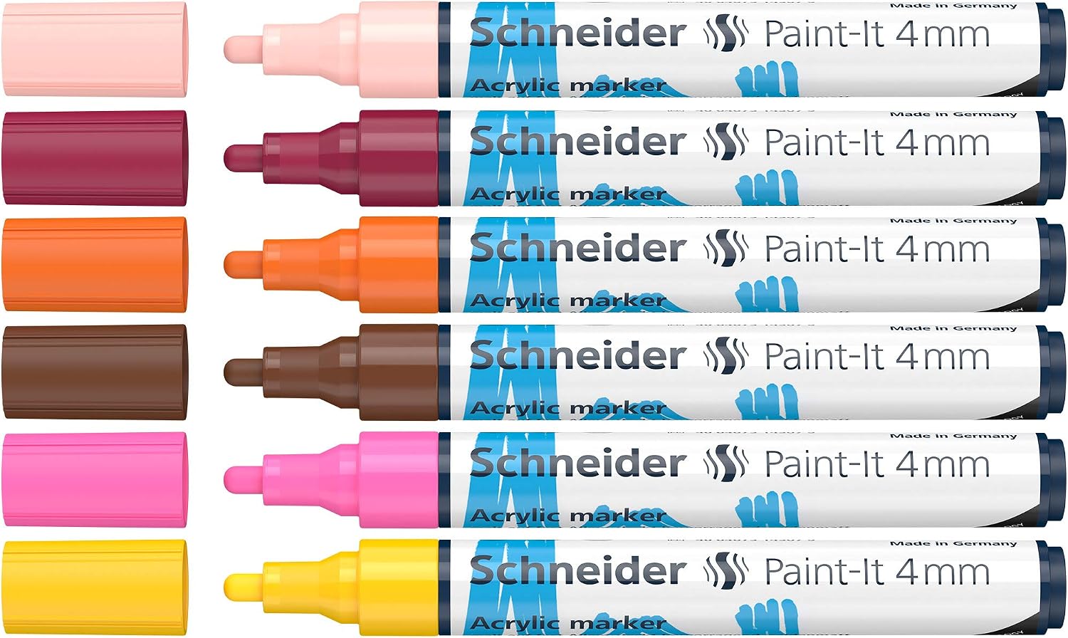 Schneider Paint-It 320 Acrylic Marker Set 3 (4 mm Round tip, high Coverage, Brilliant Colour, for Almost All Surfaces) 6 Pieces
