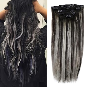 20 Zoll Remi Haar Extensions Clips Balayage Ombre Schwarz Und Silber Hair Extensions Clip In Clip On Echthaar Glatt 120gramm 7stuck 1b Silver 1b