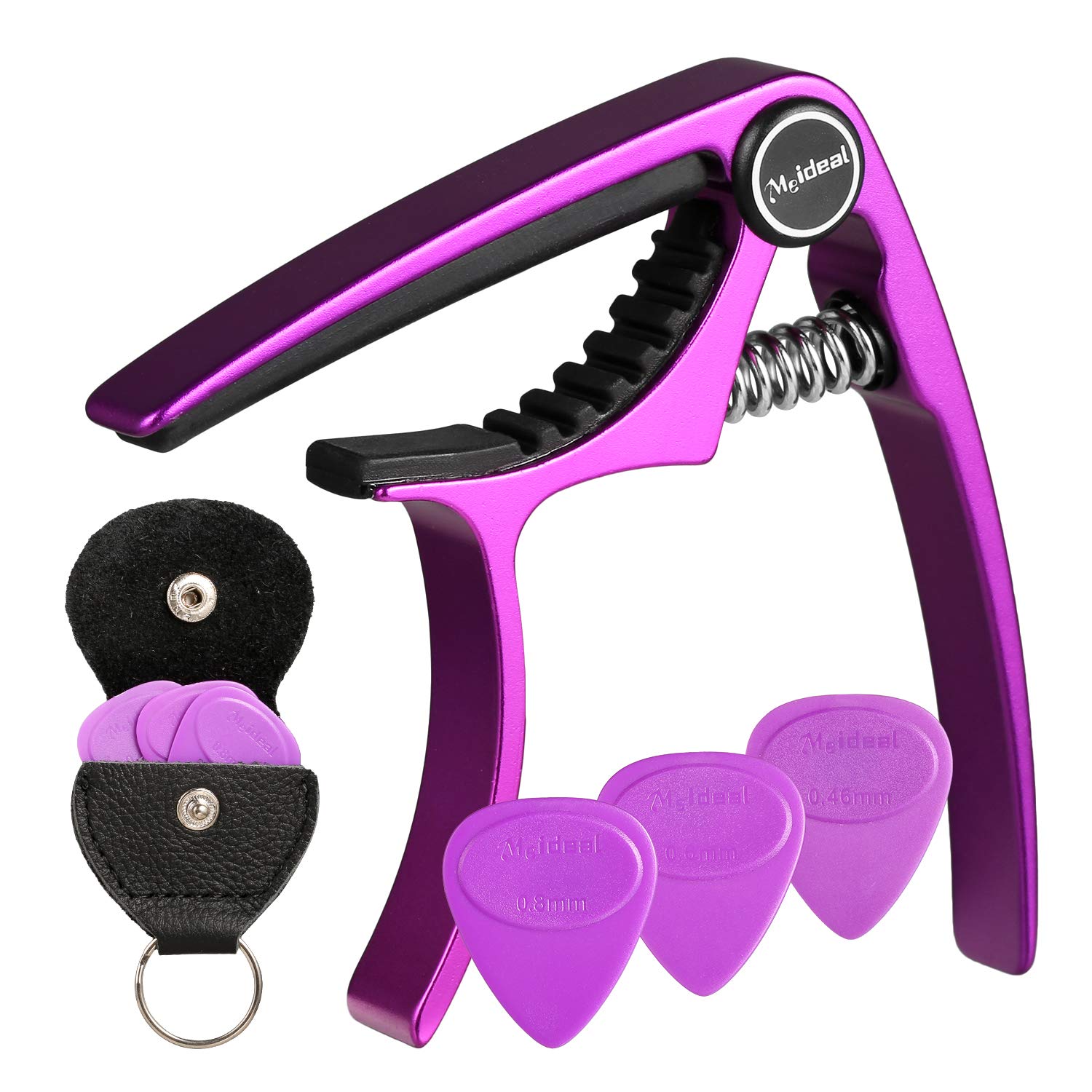 Meeland Purple Aluminium Capo - Key Clamp for Acoustic Guitar, Electric Guitar, Ukulele, Bass - Includes Guitar Picks, Leather Picks Holder and Bridge Pins Puller