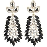 Marquise Black Crystal Rhinestone Cluster Leaf Long Dangle Statement Gold Color Earrings, Party Prom