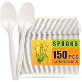 Shimond Compostable Spoons 150 Pack White Heavy Duty Spoons 6.7 Inch Disposable Cutlery Biodegradable Utensils Set for Home Party