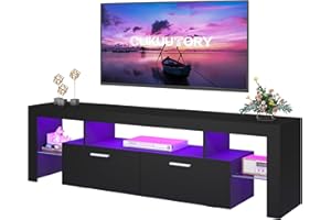 Clikuutory Modern Lighting 63 inch TV Stand with Large Storage Drawer for 50 55 60 65 70 75 Inch TVs, TV Console with 20 Color LED Lights, Entertainment Center Media and Open Shelf for Bedroom, Black