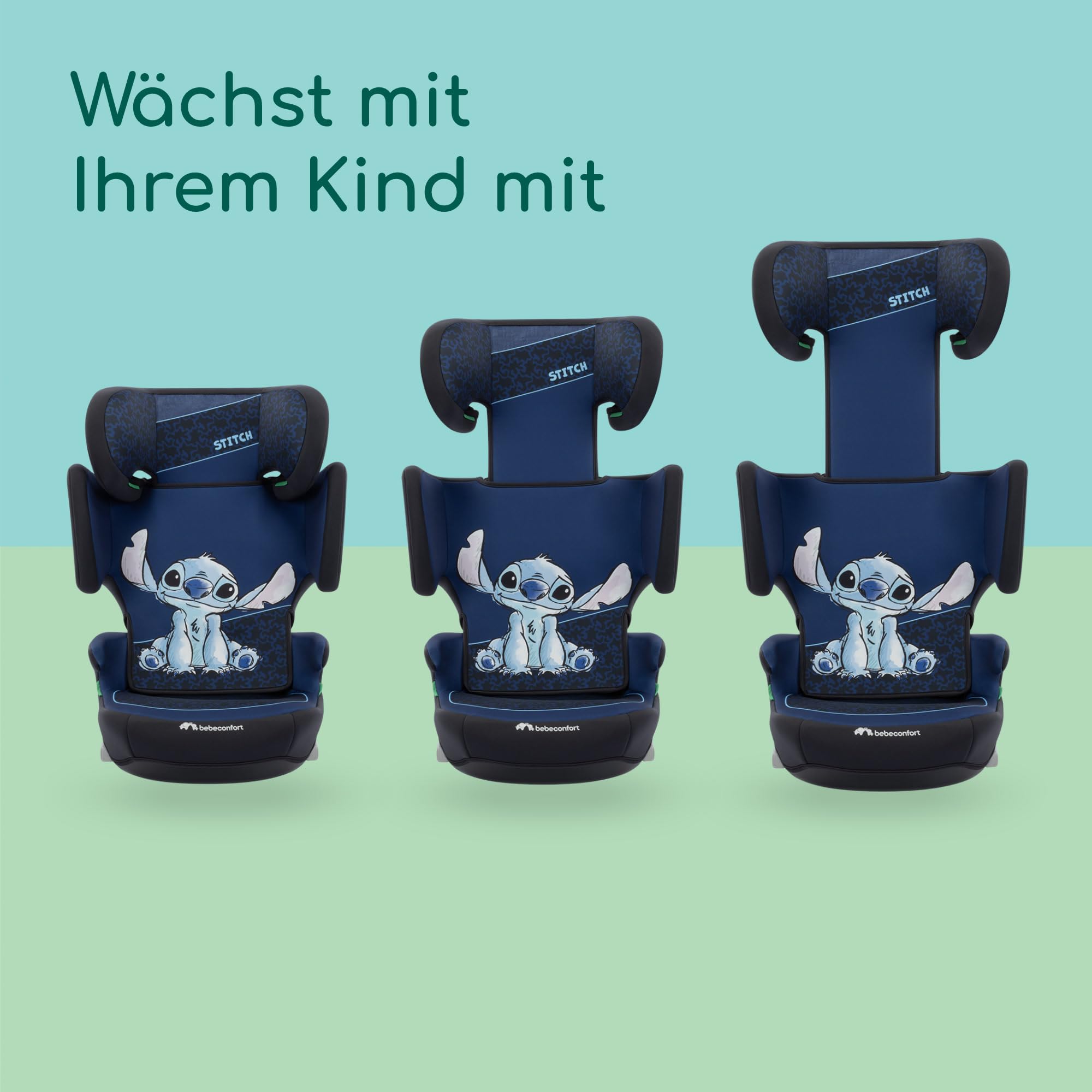 Bebeconfort Disney RoadFix i-Size, Kindersitzerhöhung mit Rückenlehne, 3,5–12 Jahre (100–150 cm), Folgekindersitz Stitch Disney, Klappbar, Leicht (4,4 kg), 14 Kopfstützenpositionen, Authentic Stitch 3