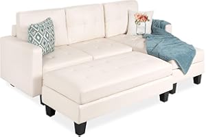 Best Choice Products Tufted Faux Leather 3-Seat L-Shape Sectional Sofa Couch Set w/Chaise Lounge, Ottoman Coffee Table Bench, White
