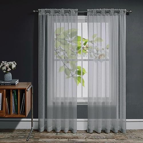 Joydeco Net Curtains for Windows 84 Inch Drop - 2 Panels, Woven Eyelet Voile Sheer Curtains for Living Room Bedroom, Decorative Semi Transparent Long Window Treatment, 52x84 Inch, Grey