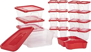 Mind Reader Meal Prep Food Storage Plastic Containers with Lids, Removable Compartment Sectionals, 42 pcs, 51 Cups, Red