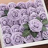 Higfra Artificial Flowers 25pcs Real Looking Lilac Roses Foam Fake Roses with Stems for DIY Wedding Bouquets White Bridal Shower Centerpieces Arrangements Mothers Day Party Tables Decorations