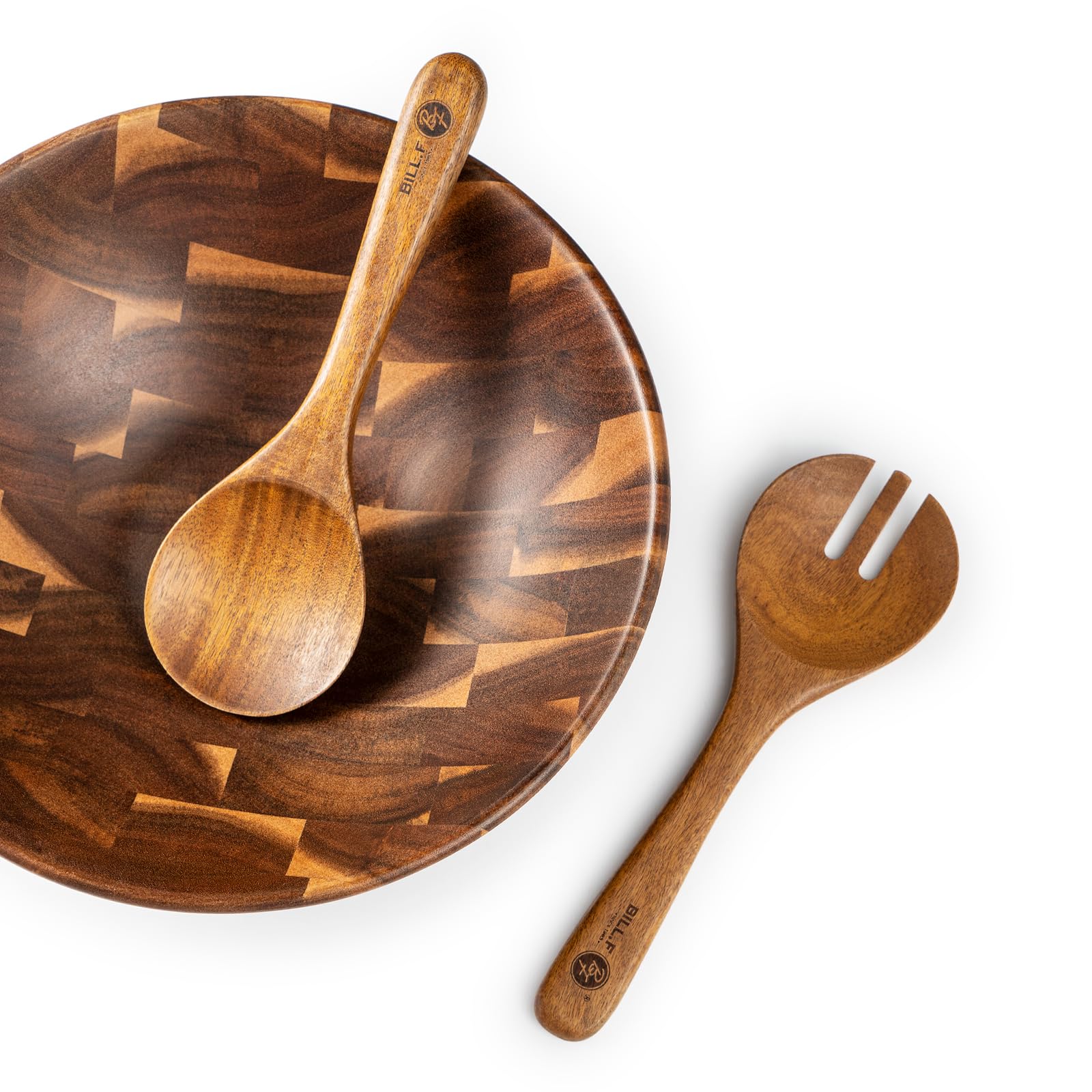Bill.F Salatschüssel aus Holz, Salatschüssel-Set aus Akazienholz, Große Salat-Rührschüssel mit Servern, 3-teiliges Großes Salatschüssel-Set D30*10cm 6