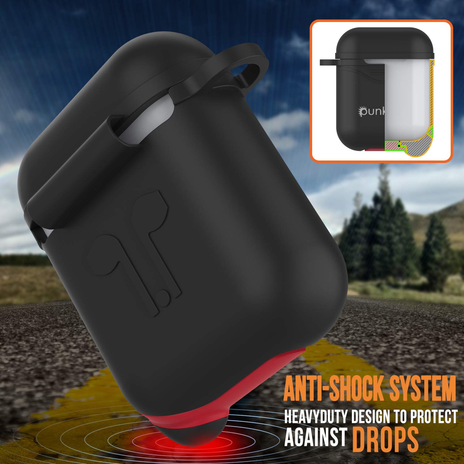 Punkcase Airpod Case with Keychain Carabiner | Protective Silicone Cover Compatible W/Apple Airpods [Shockproof] Protects Your Airpod Charging Case from Scratches & Your Airpods from Damage (Black)