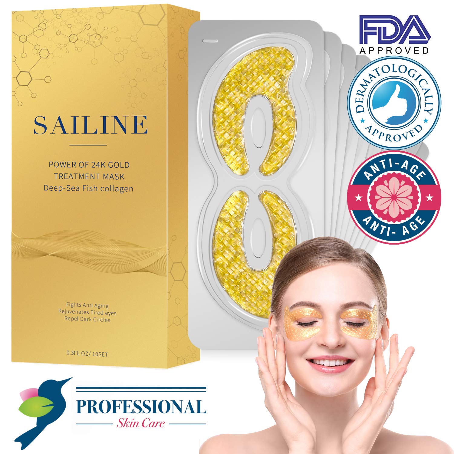 SAILINE 2018 New Deep Sea Fish Collagen Eye Mask For Dark Circles Anti-aging, soften and detoxify Puffiness Eye Treatment Pads Natural Under Eye Patches Ladys & Gentlemen Gifts (10 pairs) (gold)