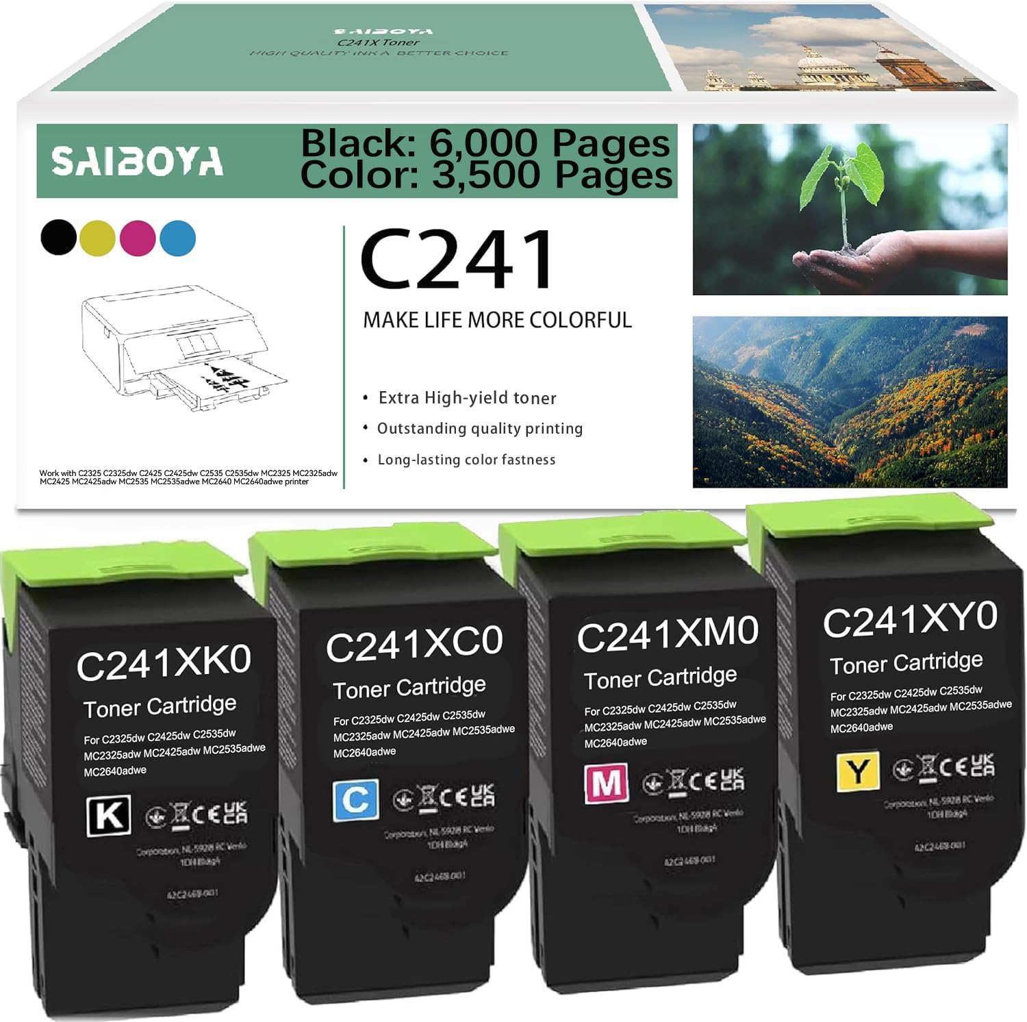 Photo 1 of SAIBOYA C241XK0 C241XC0 C241XM0 C241XY0 Toner Cartridge Extra High-Yield Replacement for C2325 C2425 C2535 MC2325 MC2425 MC2535 MC2640 Printer, 6,000 Pages