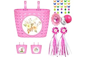 Suerico Girls Bike Basket Front Handlebar Bicycle Basket with Bike Horn,Bike Wheel Beads,Stickers,Bike Handlebar Streamers Kids Bike Decoration Accessories Kit Gift