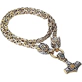 OIDEA Viking Thor's Hammer Necklace for Men: Vintage Viking Helm of Awe Mjolnir Pendant with Wolf Head Byzantine Chain Amulet Jewelry Gift for Men Women