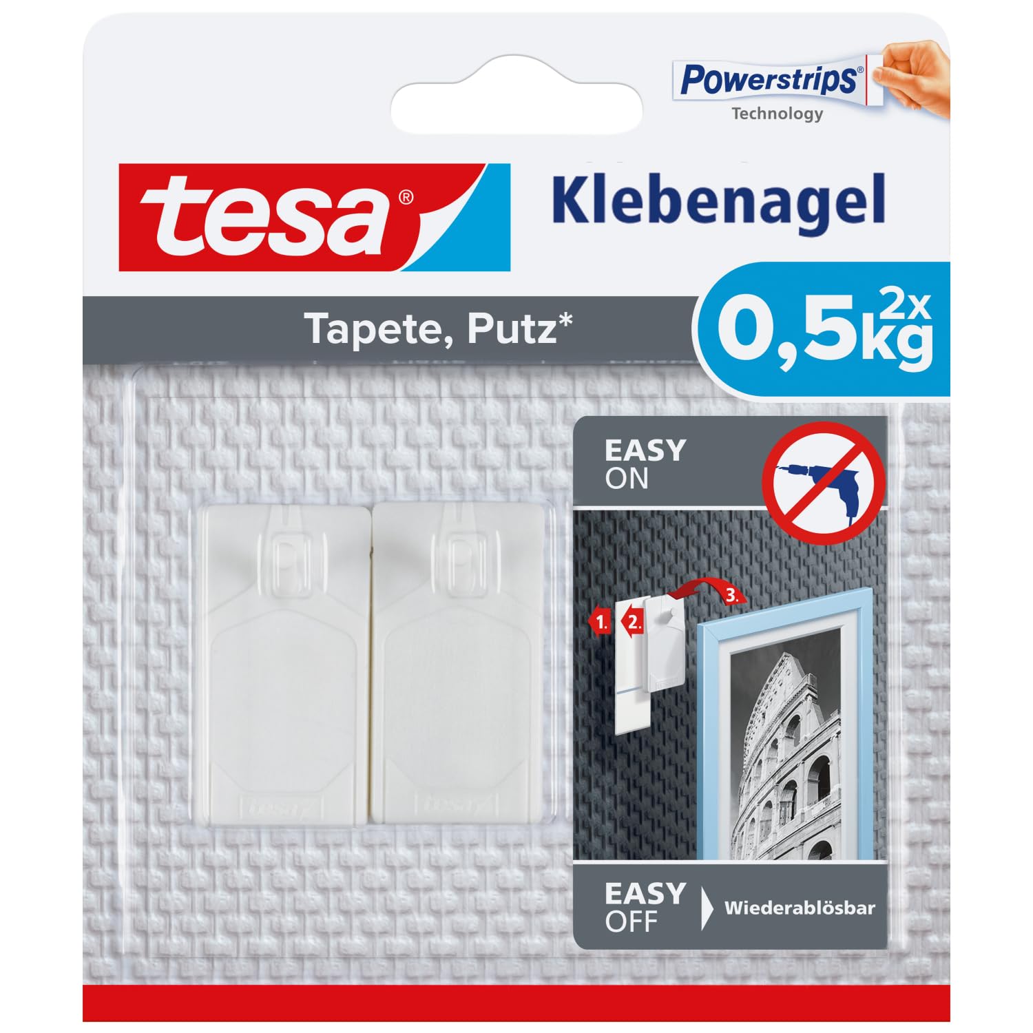 tesa Adhesive Nail for Wallpaper and Plaster 0,5kg - No Nails Picture Hanger - Pack of 2 Adhesive Nails and 3 Strips