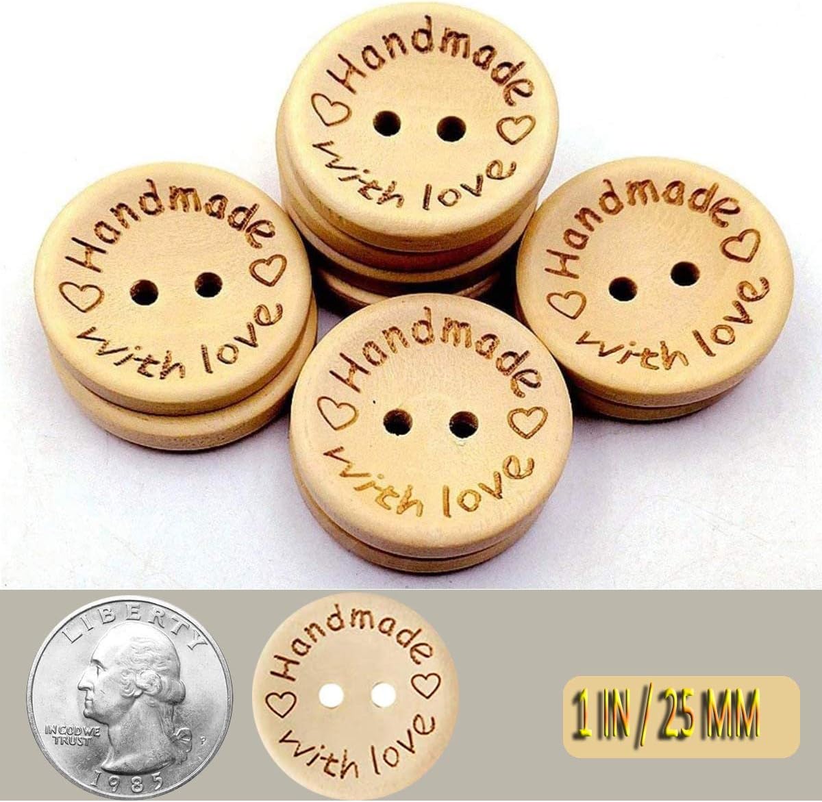 100pcs Handmade with Love Buttons Wood Wooden 2 Holes Buttons for Sewing DIY Crafts Project 25MM /1 in