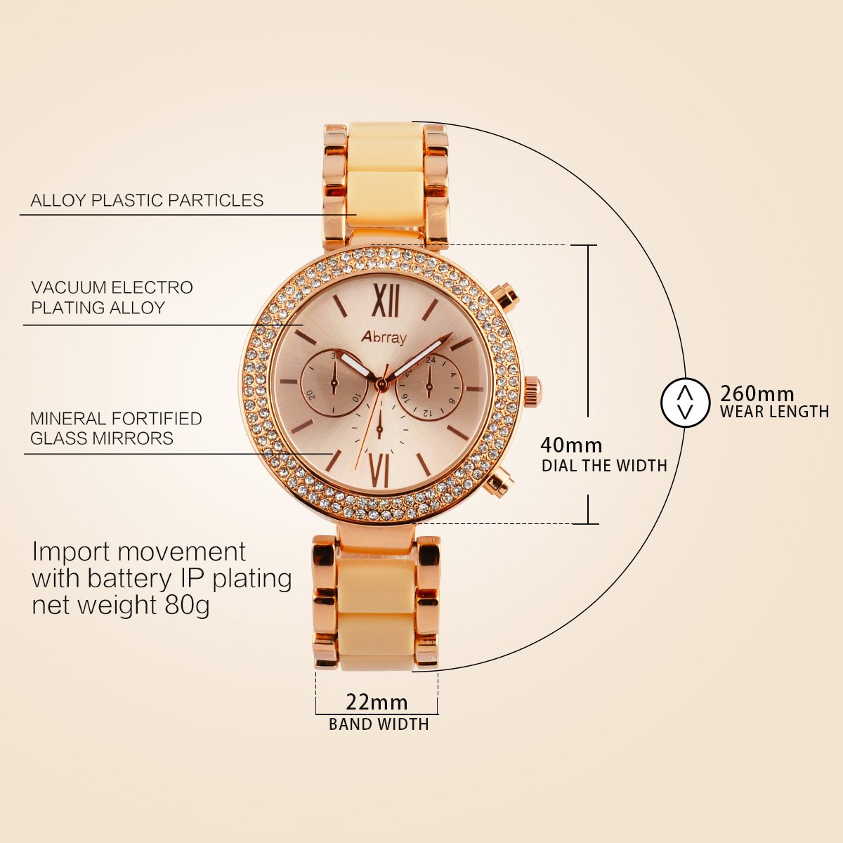 Abrray Rose Gold Watch Women Quartz Waterproof Watch Luxury Alloy Bracelet Business and Casual Watch
