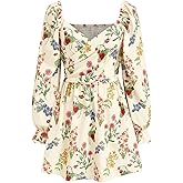 CIDER Women's Smocked Floral Mini Dress Long Sleeve A Line Casual Vacation Short Dress with Pockets