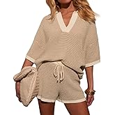 Sotimoon Womens Crochet Short Sets 2 Piece Outfits Half Sleeve V Neck Knit Top High Waisted Shorts Striped Pajamas Set