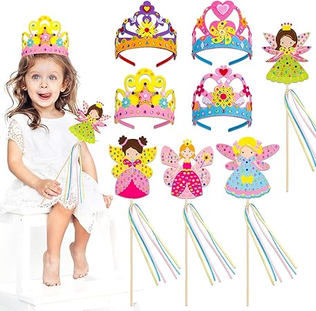 Amazon Co Jp Parbee 8セット プリンセスティアラと杖 Diyクラフト プリンセスの王冠と妖精の魔法の杖 女の子のパーティーの記念品に おもちゃ