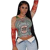 Women's Sexy Mesh See Through T Shirt Fashion Money Print Long Sleeve Crop Top Slim Tee Tops