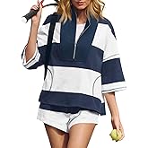 Fisoew Womens 2 Piece Outfits Summer Striped Sweatshirt Workout Shorts Sets Matching Lounge Set Tracksuits