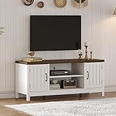 ChooChoo Farmhouse TV Stand, Wood Fluted Door Entertainment Center with Storage Cabinets and Open Shelves, Rustic Media Console up to 55 inches for Living Room, Bedroom, White