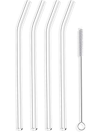 Hummingbird Glass Straws Clear Bent 9" x 9.5 mm Made With Pride In The USA - Perfect Reusable Straw For Smoothies, Tea, Juice, Water, Essential Oils - 4 Pack With Cleaning Brush